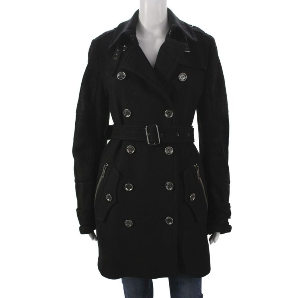 Burberry London Women Black Pea Coat Collared Button Long Sleeve Size M